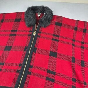 Anne Klein Red Plaid Zip Up Cape Poncho Faux Fur‎ Collar Women's L/XL